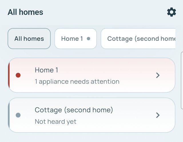 ColdMinder All homes view showing home status and a place that has not been heard from yet