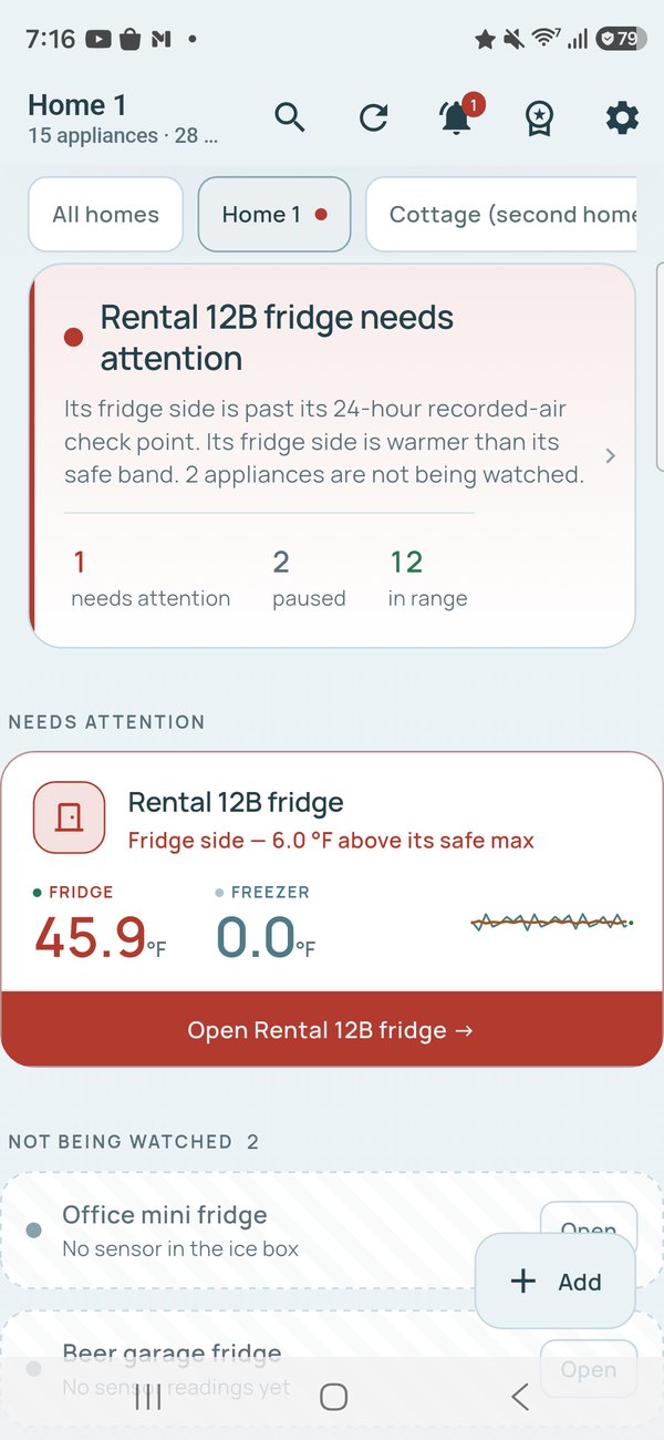 The ColdMinder app home screen on Android: one fridge needing attention, two paused, twelve in range across two homes.