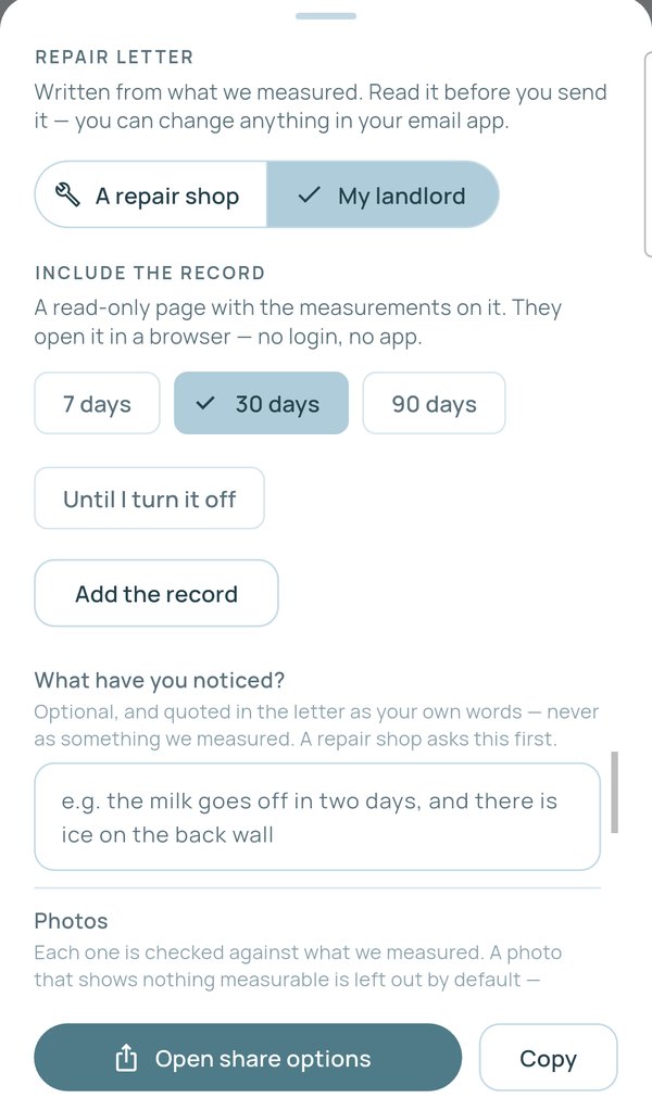 The ColdMinder app sheet composing a dated repair letter from measured findings